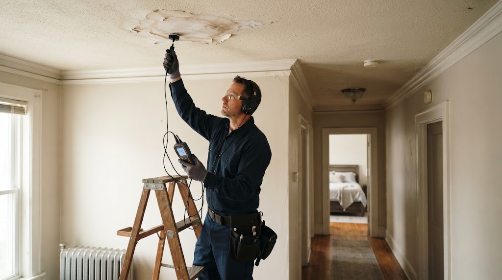 Acoustic and electronic moisture testing on ceiling stain in Manalapan residence