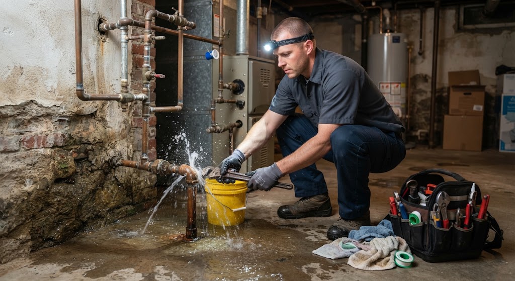 Emergency leak repair Manalapan NJ specialist assessing active pipe break