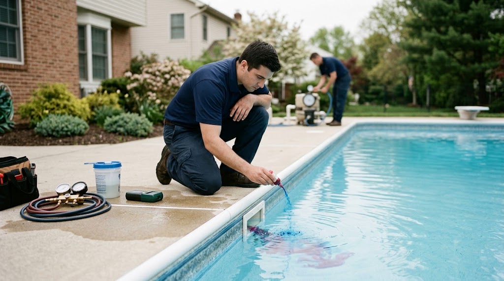Specialist conducting pool leak detection Manalapan NJ dye and pressure testing
