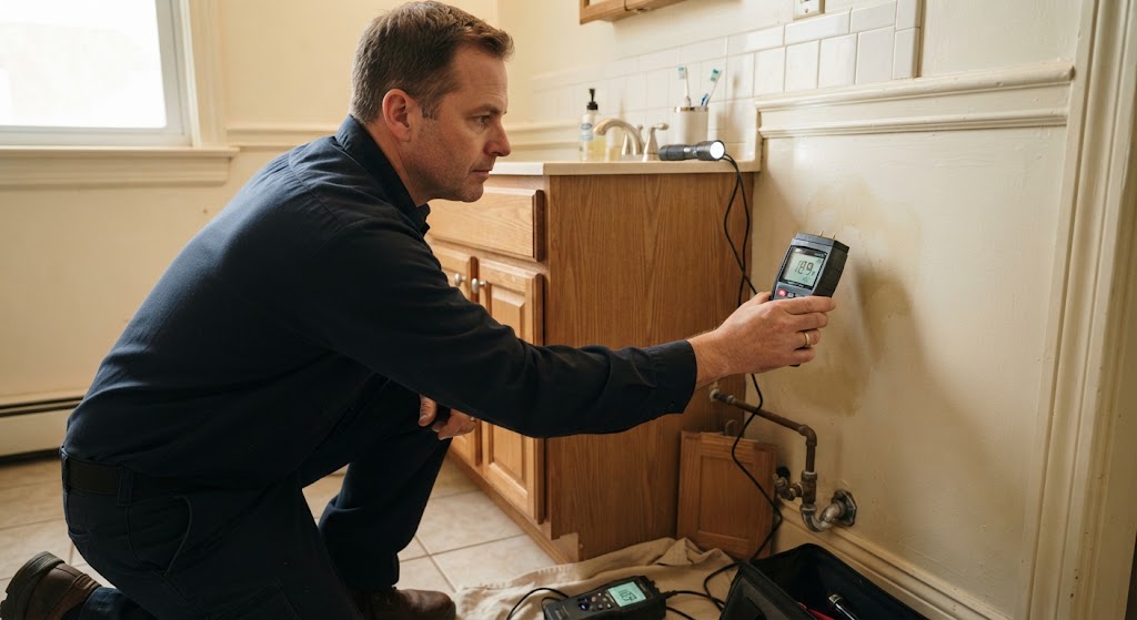 Moisture meter test during non-invasive leak detection Manalapan